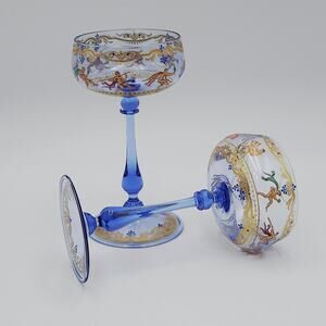 Set 2 Lobmeyr Hand Painted Enamel Gilt Blue Coupe Glass Putti Cherubs Austrian